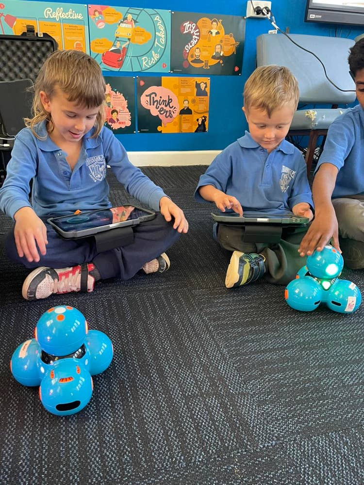 An image of three students engaging in STEM activities with robots.